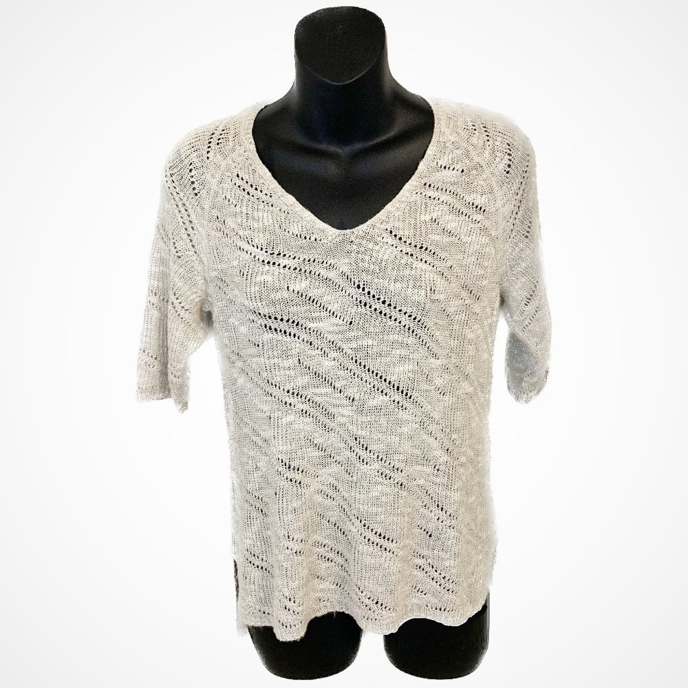 Eileen Fisher Sweater V-neck Short Sleeve Linen Blend Oatmeal Size PP Petite XSP